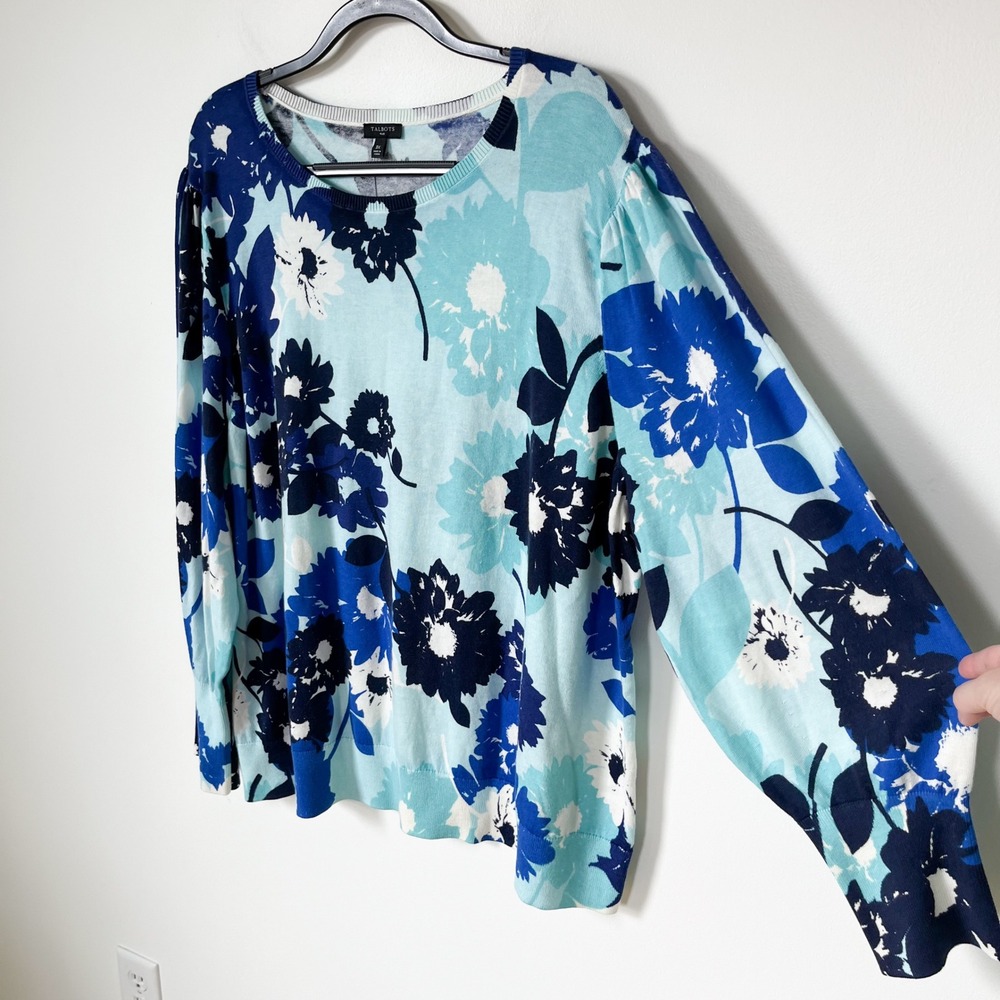 NEW Talbots Plus Puff Sleeve Lightweight Sweater Blue Abstract Floral Womens 3X - Picture 5 of 12